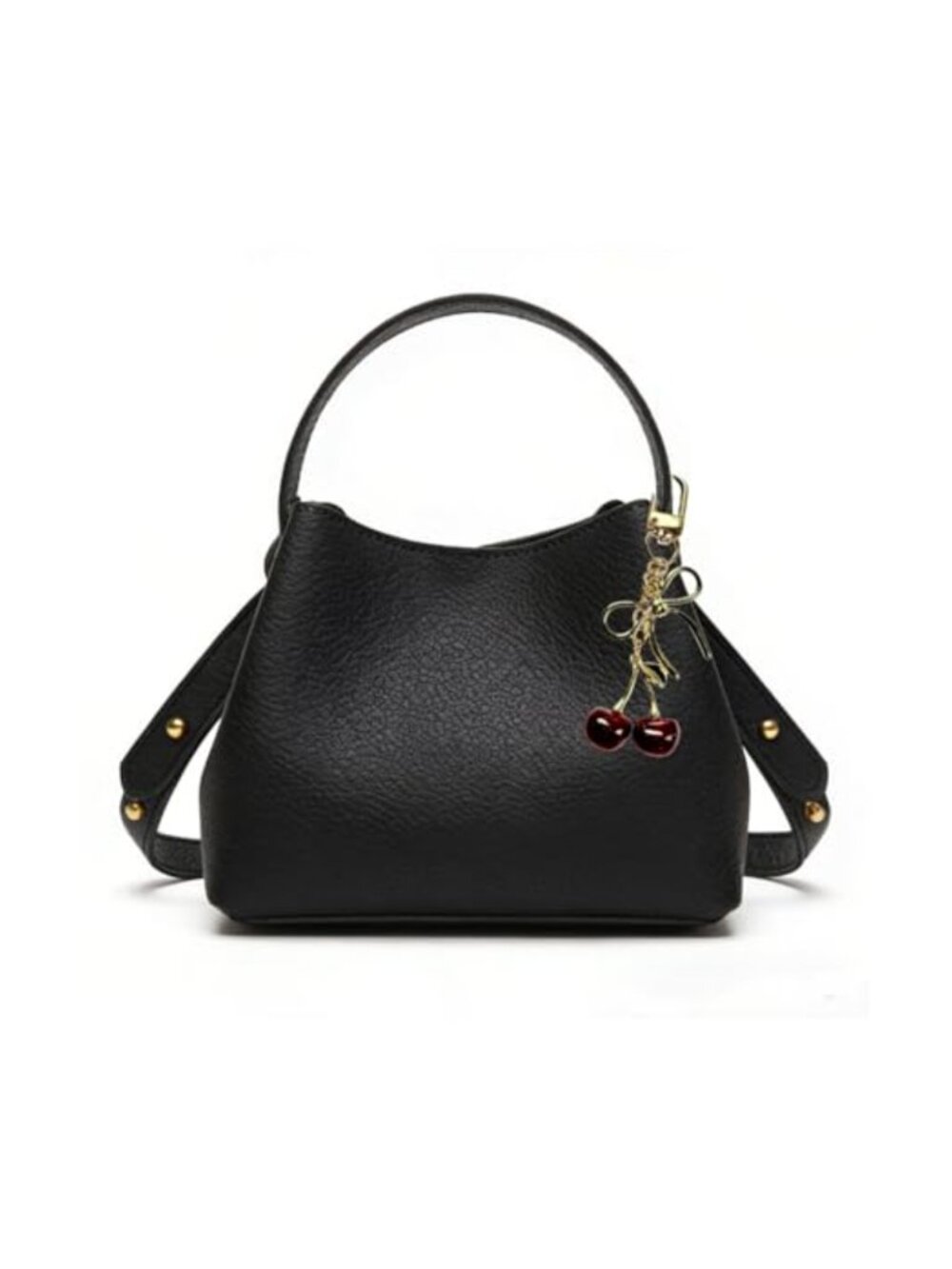 Faux Leather Cloud Bucket Bag with Cherry Charm, Adjustable Strap, Vegan